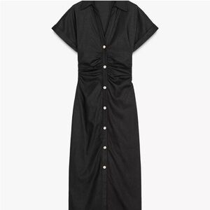 Zara Black Button-Front Ruched Midi Dress